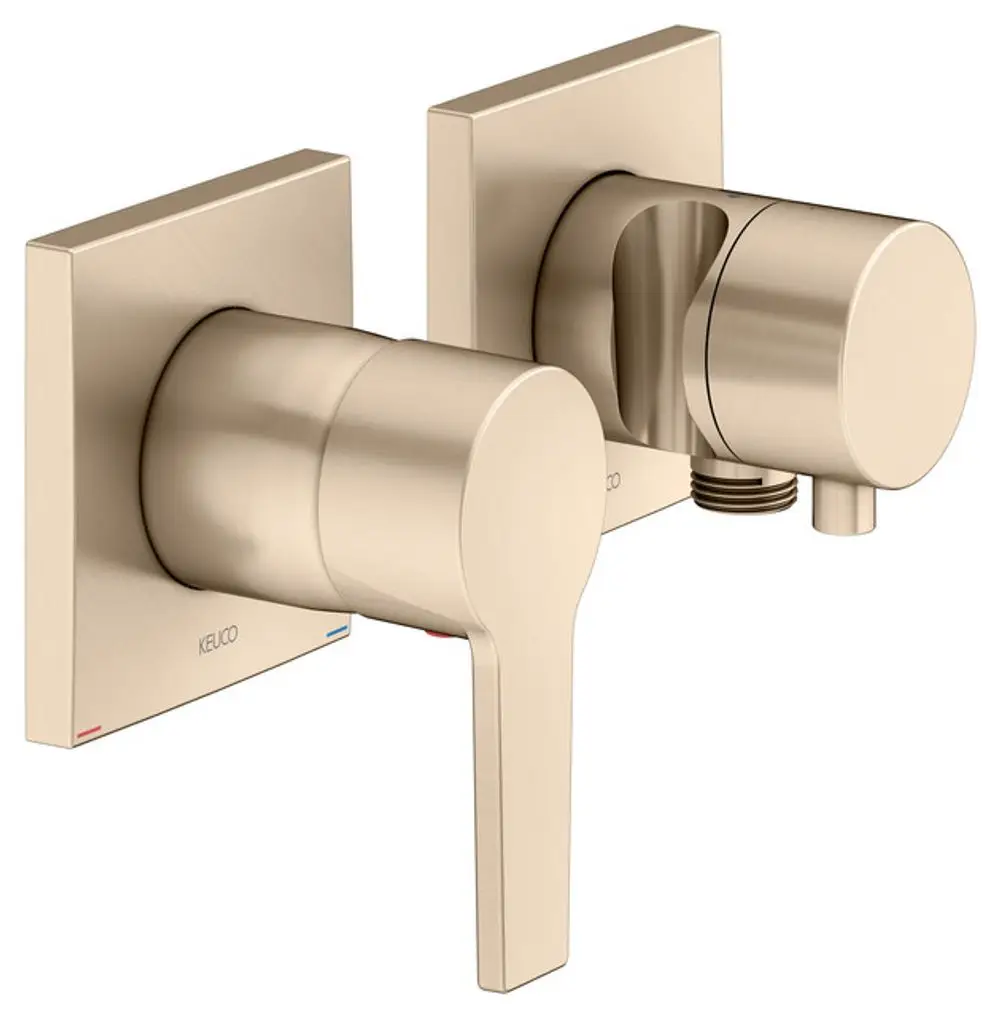 Zwei Wandarmaturen in Bronze-Optik von Keuco, mit einem runden und einem rechteckigen Bedienhebel, montiert auf quadratischen Platten.